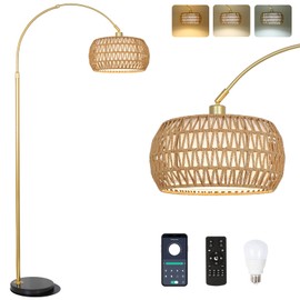 Gold Floor Lamps for Living Room, Arc Floor Lamp with Remote & Dimmable Bulb, Boho Rattan Standing lamp with 3 Color Temperatures, Height Adjustable Tall Lamp for Bedroom, Over Couch Reading Lamp