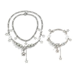 Y2K Star Necklace for Women Teen Girls Layered Necklace Gothic Bead Choker Necklace Fashion Grunge Aesthetic Jewelry for Women Girls, Zinc, No Gemstone