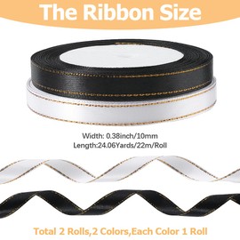 CABODYALS 2 Rolls 48 Yards 3/8 Inch White Black Satin Ribbon with Gold Trim Thin Polyester Golden Border Edges Satin Fabric Ribbons Bulk for Sewing Making Craft Gift Wrapping Wreaths Wedding Decor Diy