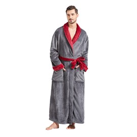 FashGudim Mens Robes Big and Tall Full Length Plush Fleece Long Robe for Men Bathrobe Shawl Collar Warm Winter House Robes, Grey/Red, X-Large-XX-Large Big Tall