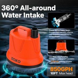 DOKO Small Submersible Water Pump, 850GPH Fish Tank Water Pump with 6FT Power Cord and Handle, Ultra Quiet Pond Pumps with 4 Nozzles and 4 Suction Cups, Pump for Fish Tank Pond Aquarium, Orange Black