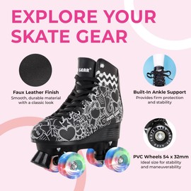Skate Gear Extra Support Quad Roller Skates for Kids and Adults (Graphic Black w LED, Women's 6 / Youth 5 / Men's 5)