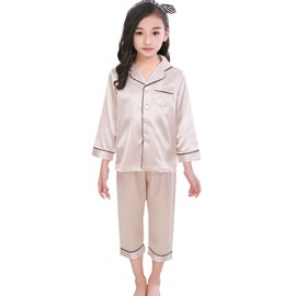 Happy Cherry Boys Soft Pajamas Set Two Piece Silk PJS Set Comfortable Soft Sleepwear Long Sleeve Button Down Pajamas Set Solid Fashion Summer Pajamas Set Beige 11-12Y