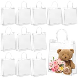 FINEASY Pack of 12 Transparent Gift Bags, 26 x 20 x 8 cm, Transparent Gift Bags with Handles, Reusable PVC Gift Bags for Party Gifts, Wedding, Birthday and Shopping