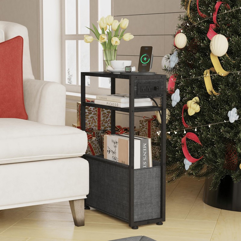 Narrow Side Table with Charging Station, Slim End Tables with