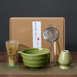 Generisch Traditional Japanese Matcha Tea Ceremony Set 5 Piece with Bowl, Holder and Strainer Green