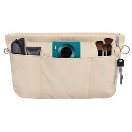 FINEASY Handbag Organiser Nylon, Bag Organiser, Multi-Pocket Organiser Bag, Bag Organiser Shopper, Inner Pockets for Handbags with Key Chain, Beige (L)