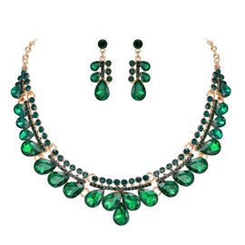 Clearine Gorgeous Jewellery Set for Women, Stunning Shiny Crystal Teardrop Cluster Statement Necklace Dangle Drop Earrings Set for Wedding Party Prom Green Gold-Tone