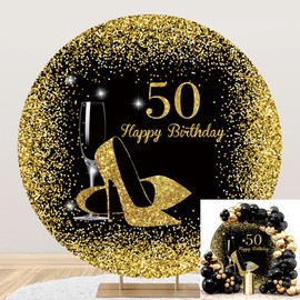OERJU 6.5x6.5ft Happy 50th Birthday Round Backdrop for Women Black Gold Glitter High Heels Champagne Photography Background Circle Backdrop Cover Birthday Party Banner Decorations Photo Studio Props