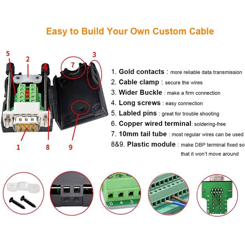 DTECH DB9 Breakout Connector to Wiring Terminal Board DB-9 Male