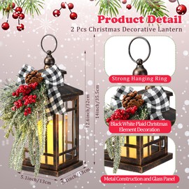 Baquler Christmas Candle Lantern 14" LED Christmas Lantern with Plaid Bow Christmas Decorative Lanterns Flashing Candle Light for Xmas Indoor Outdoor Party Decor (Bronze, Black Red Plaid, 2)