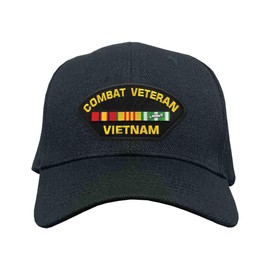 VetFriends.com US Vietnam Combat Veteran Hat Black Adjustable Military Patch Cap with 3 Ribbons National Defense, Service Ribbon, and Campaign Ribbon