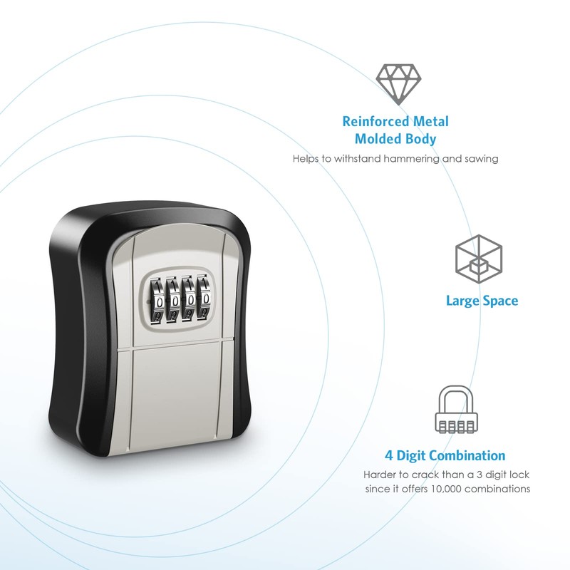 Key Lock Box Wall Mounted, 4-Digit Combination Lockbox for Outside,