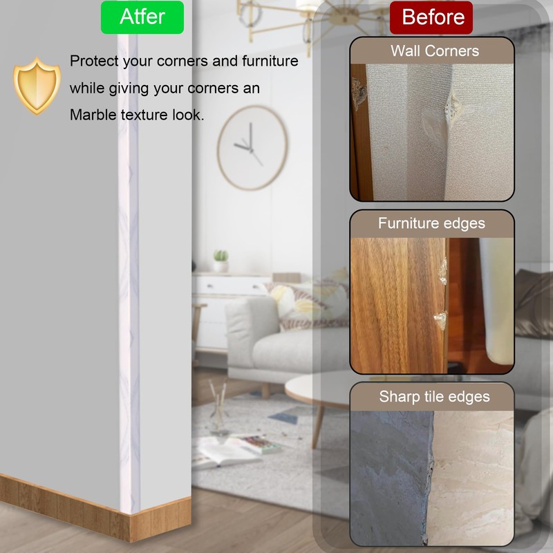 3 Pcs 49" Wall Corner Protector Trim, White Marble Grain