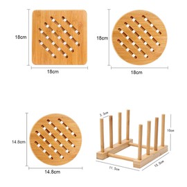 Bamboo Trivet Kitchen Natural Bamboo Trivet Mat Set Heat Resistant Pads Bamboo Hot Pads Trivet Non-Slip Pads Square and Round for Hot Dishes/Pot/Bowl/Teapot/Pans(2Small Round+2 Round+2Square+1Rack)