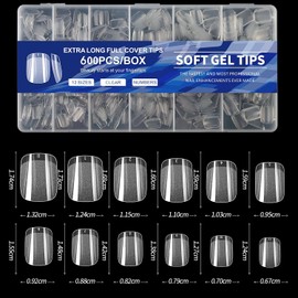 Almendra Corto Uñas Tips, 600Pcs Gel Suave, 12 Tamaños Pre-Formado Medio Mate Fake Claro Gelly, Presione Sobre las Uñas de Acrílico Para Extensión DIY Salón (03, 600pcs)
