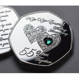 The Commemorative Coin Company 55TH Emerald Wedding Anniversary Silver Commemorative with Diamante Gemstone. Gift/Present 55 Years Together