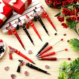 ReliThick 12 Sets Ladybug Beadable Pens Bulk Assorted Bead Pens Wood Crystal Round Spacer Set Wooden Spacer Round Beads Black Ink DIY Ballpoint for Women Men Gift Office Supplies