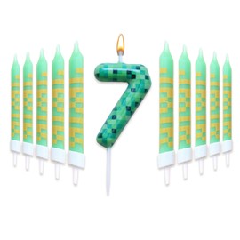 Geburtstagskerzen Zahlen 7, 11 Stück Pixel Geburtstagskerzen Kerze, Grün Geburtstagskerzen Zahlen, Game Tortendeko Zahlenkerze für Mädchen Jungen, Kinder Geburtstagskerzen Torteparty Deko