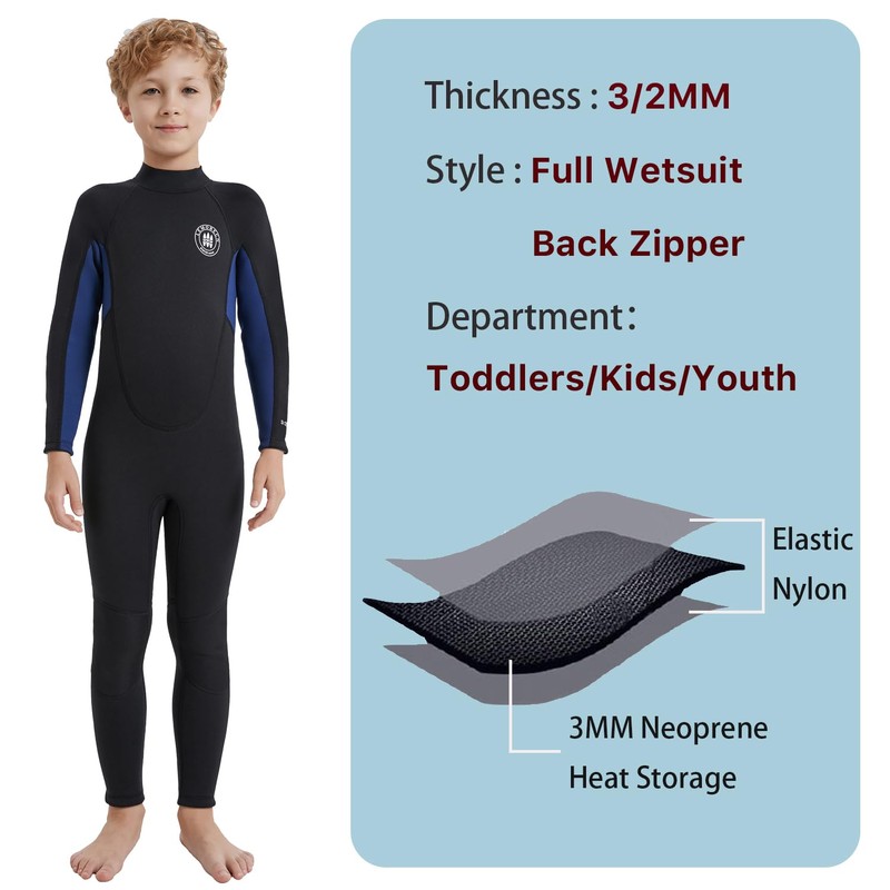 Lemorecn Wetsuit Kids 3mm Back Zip Full Wetsuit for Boys