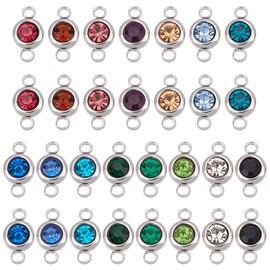 UNICRAFTALE about 30pcs 15 Colors Flat Round Rhinestone Links Connect Pendant Stainless Steel Linking Charms Mixed Color Birthstone Jewelry Links for Jewelry Making Hole 2mm