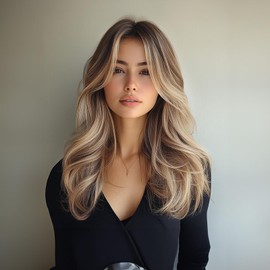 Tumhorn Light Brown Layered Wig with Curtain Bangs for Women Highlight Brown Mixed Blonde Wavy Wig Natural Looking Synthetic Heat Resistant Wigs for Daily Party Use