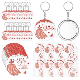 Wenqik 50 Sets Quinceanera Party Favors Keychain Pocket Mirror with Bags Recuerdos De 15 Años Quinceañeras Party gifts(Red)