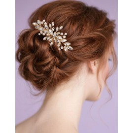 Lenjicons Wedding Rhinestone Pearls Hair Comb Teardrop Rhinestone Bridal Hair Comb Handmade Pearls Crystal Hairpiece Bridal Hair Accessories for Women (gold)