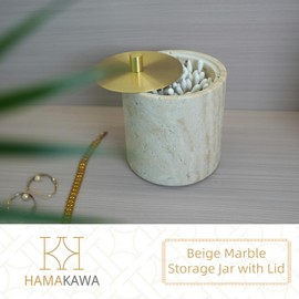 HAMAKAWA Qtip Holder With Brass Lib, Beige Travertine Cotton Swab Jars 4 Inch, Modern Round Marble Canister, Small Apothecary Storage Jars for Bathroom, Bedroom, Vanity, Kitchen Cabinet