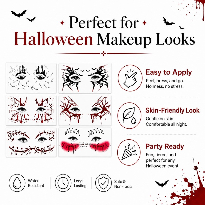 Halloween Freckle Temporary Tattoo Stickers 6 Sheets Scary Bloody Drip