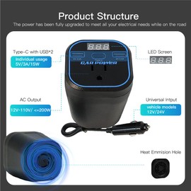 FAMIDGE 200W Car Power Inverter, Car Inverter 12v to 110v, Car Outlet Adapter with Dual USB and Type-C, Car Outlet Adapter for Plug Outlet, Laptop, Black