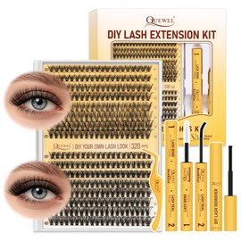 QUEWEL Lash Cluster Kit, 320pcs Cluster Lashes Kit with 30D40D Individual Lashes, Lash Bond and Seal Waterproof, Lash Applicator, Cluster Eyelash Glue Remover DIY Lash Extensions at Home(DJRR-3040D)