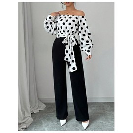 WDIRARA Women's Polka Dots Off Shoulder Bishop Long Sleeve Belted Jumpsuit Black and White Medium