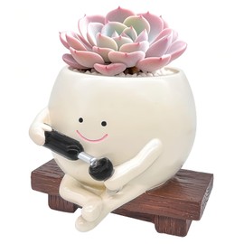 ChilArt Smiley Face Planter Pot Red Wine Glass in Hand,Resin Succulent Pots with Drainage Hole,Funny planters for Indoor Plants,Gift for Mother's Day,Teacher's Day,Birthday