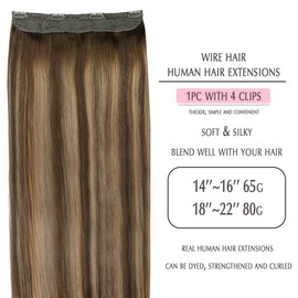 SURNEL Hlao Hair Extensions Invisible Fish Line Human Hair Extensions Balayage Ombre Color 4 Fading To 27 Blonde Highlighted 4 Medium Brown Wire Hair Extensions 16 inch 65g(#4/27/4,16inch)