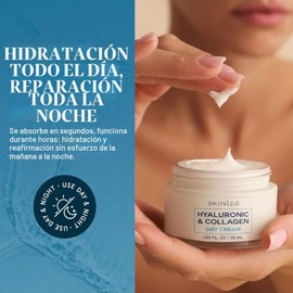 Skin 2.0 Hidratante facial con ácido hialurónico y colágeno, crema de hidratación profunda y reafirmante para un aspecto suave y juvenil, probado por 