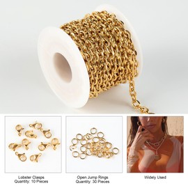 Kyutong 16.4FT Gold Plated Jewelry Making Chains on Spool 304 Stainless Steel Chains Bulk Chunky Cable Link Chain with Lobster Clasps Jump Rings for Jewelry Craft Making
