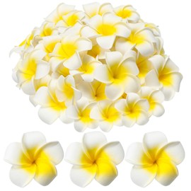 Crowye 120 Pcs Artificial Plumeria Flower Hawaiian White Foam Frangipani Petals Cap Hair Hat Wreath Floral DIY Craft for Home Beach Wedding Party Decoration (2.4 Inch)