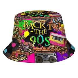 Retro 80s 90s Bucket Hats for Women Men, 80s 90sStyle Design Hat Summer Fisherman Cap Travel Beach Hat Fashion Packable Sun Hat