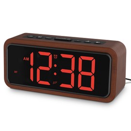 Netzu Wooden Alarm Clock, Loud Digital Clock with 5 Volumes, 12 Ringtones, Manual DST, Snooze Plug-in Alarm Clock for Heavy Sleepers Bedroom Bedside Living Room Office Wood Decor (Red)