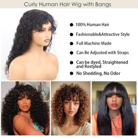 ManeMajesty Peluca Roja Con Flequillo De 56 Cm, Ondulada Y Húmeda, Sin Pegamento, Frontal Sin Encaje, Hecha A Máquina, Rizada, Cabello Humano Virgen Brasileño De 150% De Densidad, Color 99J.