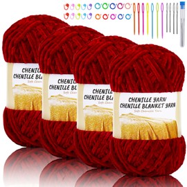 Zxiixz 4*100g Velvet Chenille Yarn, 14OZ Soft Chenille Yarn for Crocheting and Knitting for Blankets, Scarves Crocheting Crafts, Yarn with Stitch Markers, Big Eye Needles for DIY Hand Crafts Projects