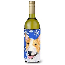 Caroline's Treasures SS4634LITERK Bull Terrier Winter Snowflakes Holiday Wine Bottle Hugger Bottle Cooler Sleeve Hugger Machine Washable Collapsible Insulator Beverage Insulated Holder