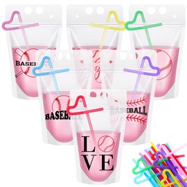 Seematn 24 Sets Baseball Print Drink Pouch with Straws for Adult Baseball Senior Night Gifts Reusable Drink Bag for Sports Team Party Supplies, 6 Styles