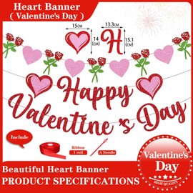 Glitter Happy Valentine's Day Banner, Red Pink Happy Valentine's Day Letters Banner Shiny Rose Heart Banner Sign for Celebrate Valentine's Day Party Wedding Ceremonies Holiday Party Decorations