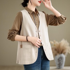 Niliv Women's Vest, Linen Vest, V Neck Linen, Cotton Linen, Casual, Layered-Style Top, Body Cover, Spring, Summer, Autumn, Winter, Comfortable, Solid Blouse, Forest Girl, beige
