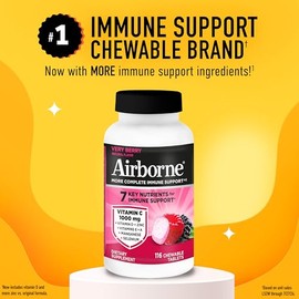 Airborne Very Berry Chewable Tablets, 116ct | Immune Support Supplement with 1000mg Vitamin C + Vitamins A, D, E, Zinc,Selenium, & Manganese | Herbal 