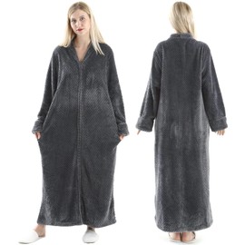 Oksun Womens Fleece Warm Robe: Soft Plush Long Bathrobe - Cozy Fluffy Dressing Gown - Winter Zipper Housecoat Sleepwear - Gray, L