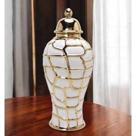 Homeroots 20" White and Gold Abstract Urn Ceramic Ginger Jar
