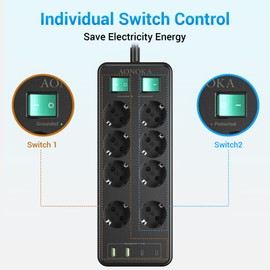 Steckdosenleiste 8-Fach mit USB C, Mehrfachsteckdosen Überspannungsschutz, Steckdosenadapter mit 2*USB A und 2*USB C, Mehrfachstecker Wandmontage mit Doppelschalter, 1.5M Kabel Schwarz